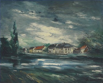 three women at the table by the lamp Painting - Village by the river Maurice de Vlaminck